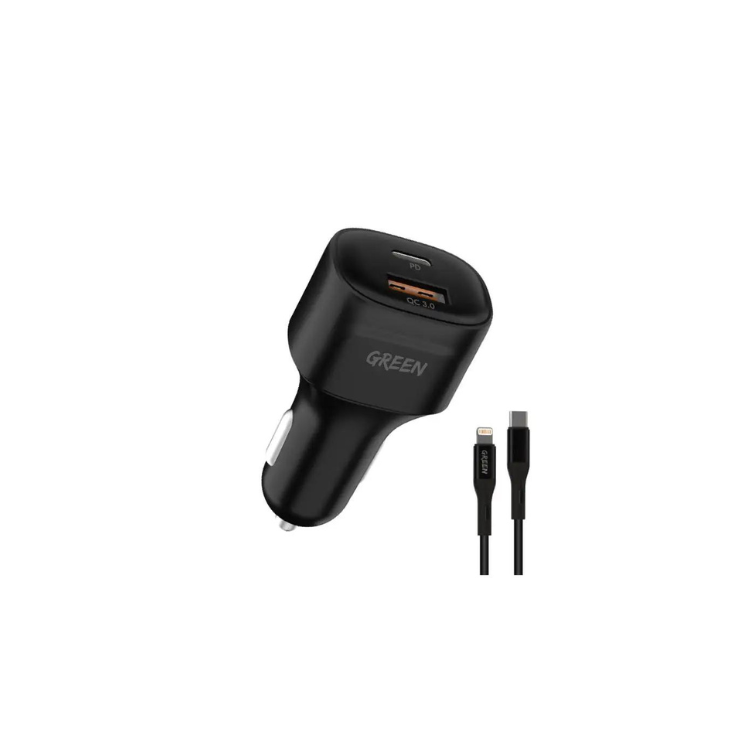 Green Lion Car Charger Dual Port Car Charger 20W with Type-C to Lightning Cable - Black