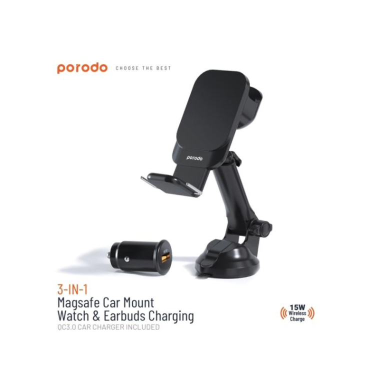 Porodo 3 in 1 MagSafe Car Mount and Watch & Earbuds Charging QC3.0 with Car Charger Included - Black